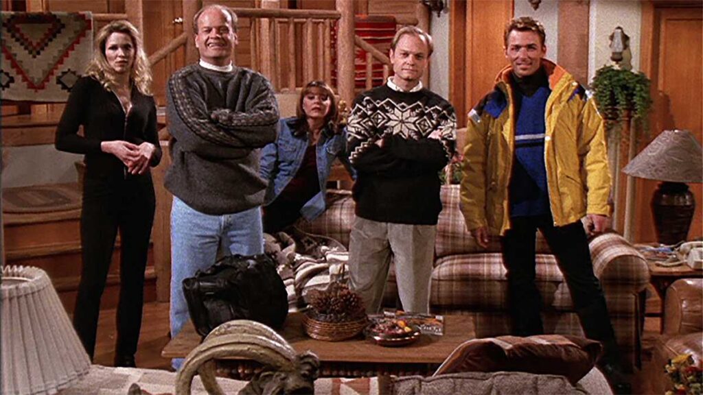 (L to R) Cynthia LaMontagne, Kelsey Grammer, Jane Leeves, David Hyde Pierce & James Patrick Stuart in Frasier