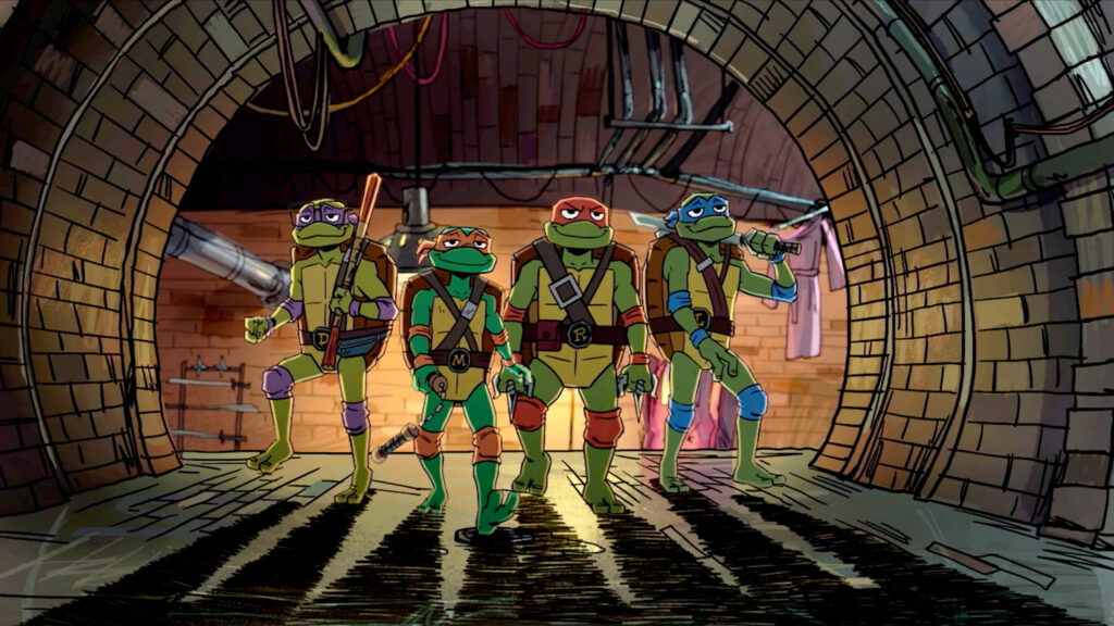 Micah Abbey as Donatello, Shamon Brown Jr. (The Chi) as Michelangelo, Nicolas Cantu as Leonardo, Brady Noon as Raphael, and Emmy® and Golden Globe® Award Winner Ayo Edebiri as April O'Neil in Teenage Mutant Ninja Turtles.