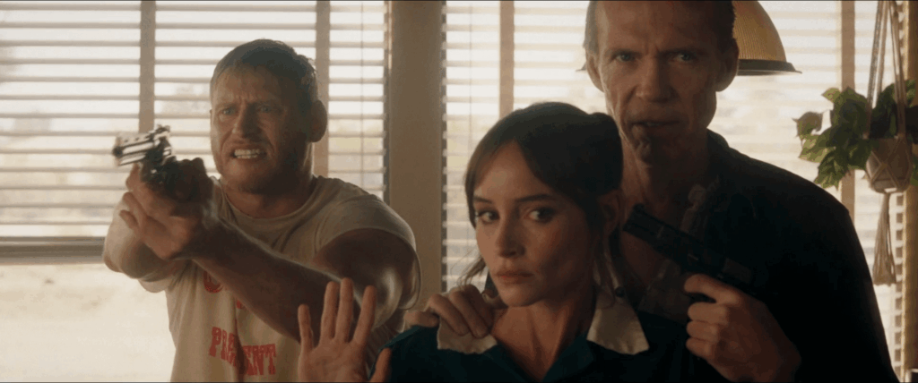(L to R) Nicholas Logan, Jocelin Donahue, and Richard Brake in The Last Stop in Yuma County