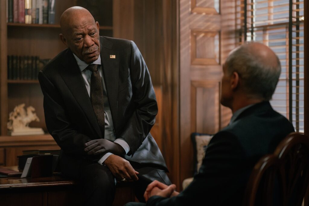 Morgan Freeman as Edwin Mullins and Michael Kelly as Byron Westfield in Lioness season 3
