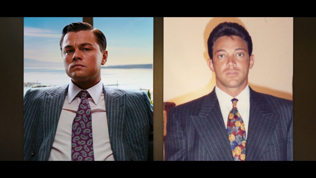 L-R: A still of Leonardo DiCaprio in “The Wolf of Wall Street” film and Jordan Belfort in The Real Wolf of Wall Street, episode 1, streaming on Paramount+, 2026. Photo Credit: (L) Paramount Pictures, (R) Nadine Macaluso/Paramount+