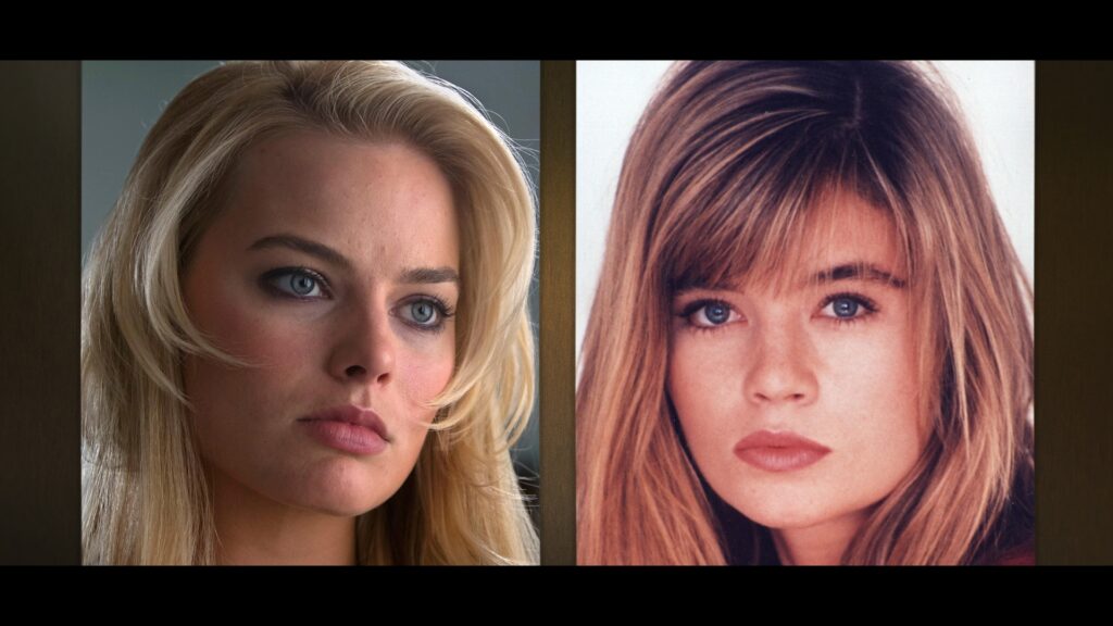 L-R: A still of Margot Robbie in “The Wolf of Wall Street” film and Nadine Macaluso in The Real Wolf of Wall Street, episode 1, streaming on Paramount+, 2026. Photo Credit: (L) Paramount Pictures, (R) Nadine Macaluso/Paramount+