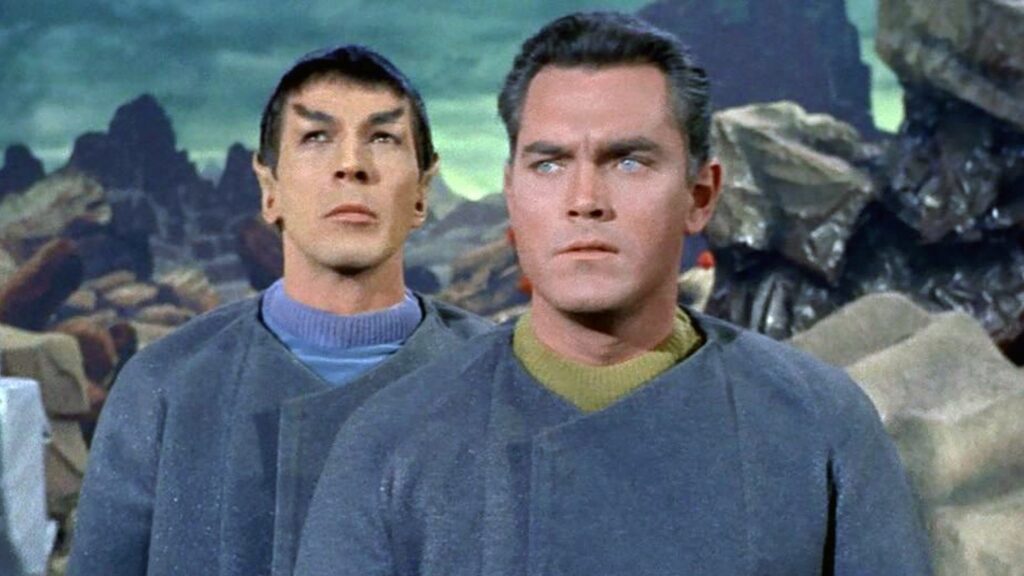Leonard Nimoy as Spock and Jeffrey Hunter as Capt Pike 