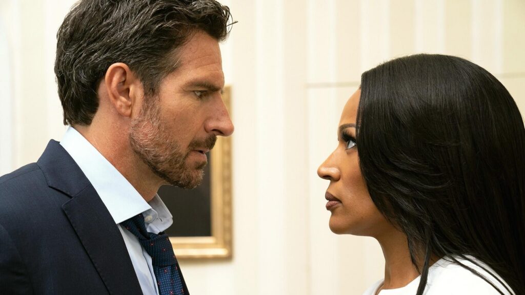 Ed Quinn as Hunter Franklin and Kron Moore as Victoria Franklin in Tyler Perrys The Oval