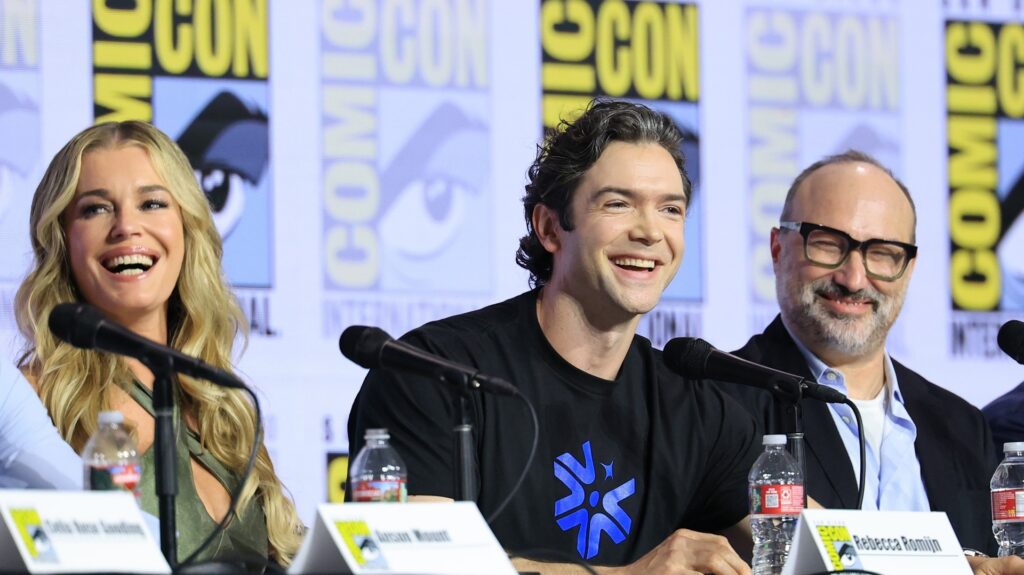 L-R) Rebecca Romijn, Ethan Peck and Henry Alonso Myers speak onstage during the 2026 Comic-Con International: San Diego - "Star Trek" Universe Hall H Panel at San Diego Convention Center on July 25, 2026 in San Diego, California