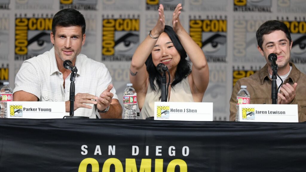 {L-R) Parker Young, Helen J. Shen and Jaren Lewison speak at The Dead & the Undead: CBS Studios: A "Ghosts" Exclusive Panel and "Eternally Yours" premiere screening during 2026 Comic-Con International: San Diego at San Diego Convention Center on July 24, 2026 in San Diego, California.