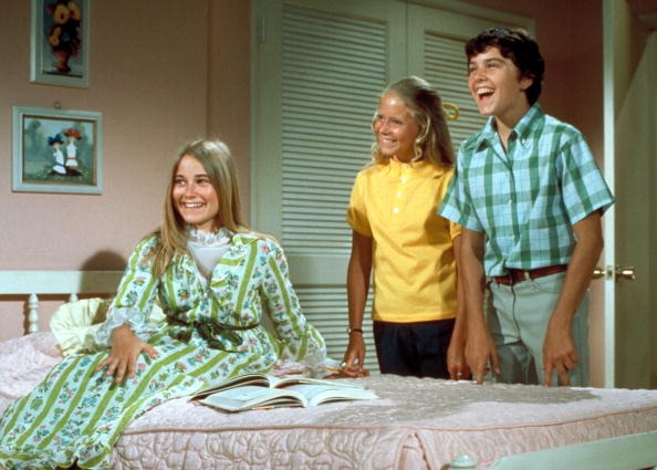 Marcia (Maureen McCormick), Jan (Eve Plumb), and Peter (Christopher Knight) are Brady siblings on The Brady Bunch